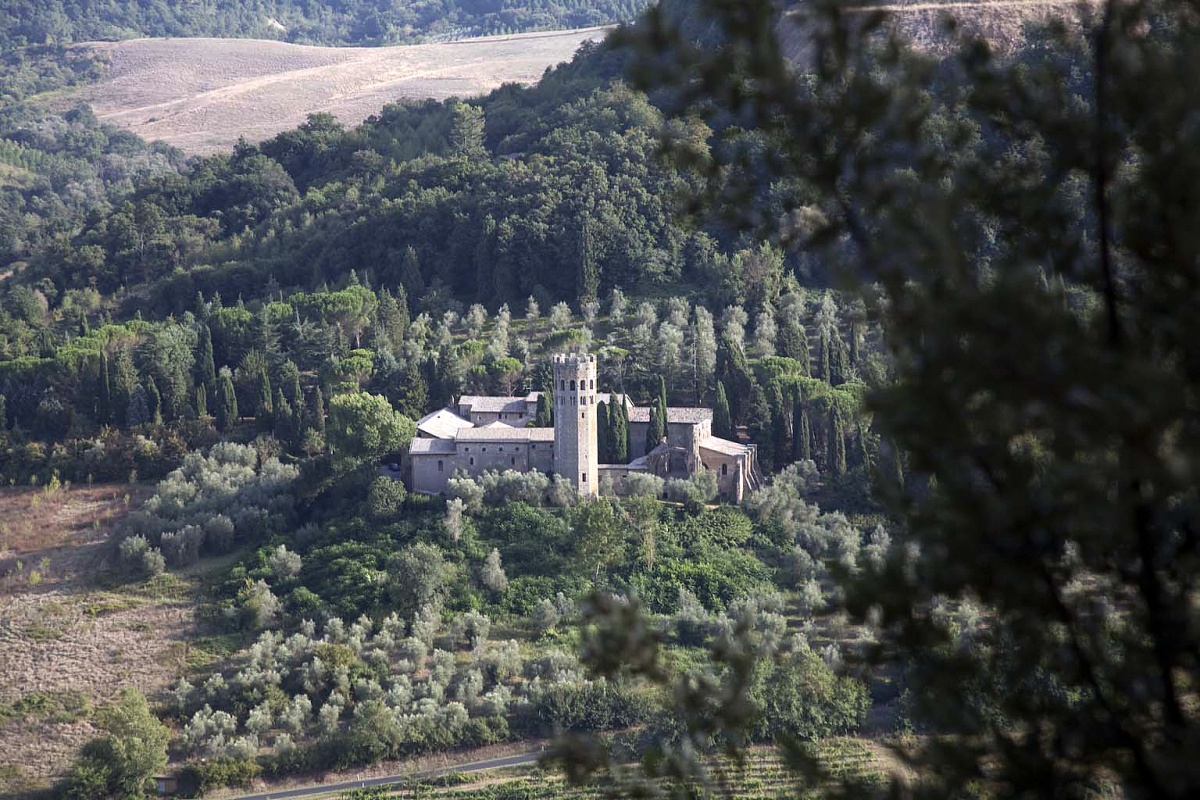 Aerial view of a historic stone building with a tall tower, surrounded by dense green woodland and olive groves on a hillside